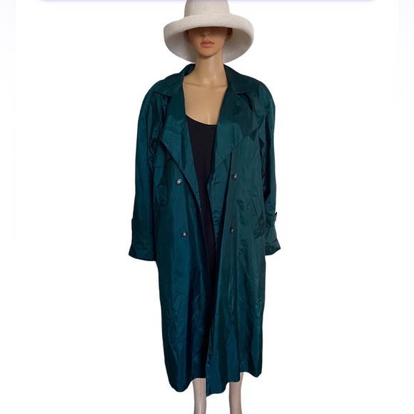 BRITISH MIST Vintage Metallic Emerald Green Trench/Rain Coat Size 5/6P - Picture 1 of 14